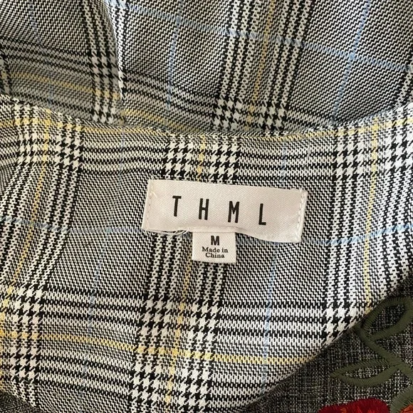 Gray Plaid Top Red Floral Embroidery Short Sleeve Casual Blouse by THML medium - Picture 7 of 8